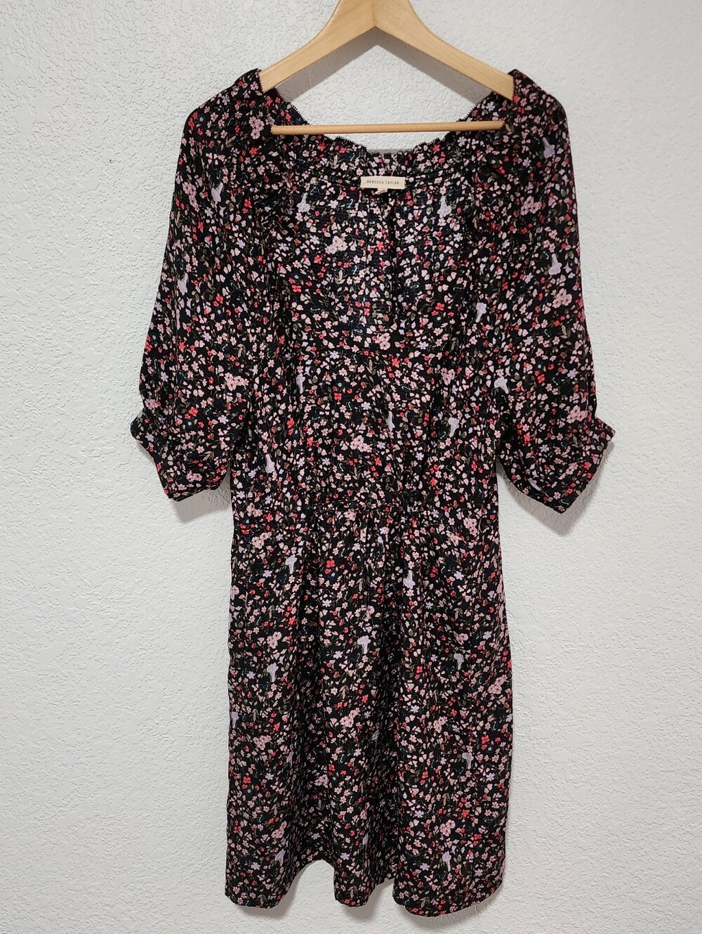 Rebecca Taylor Black Floral Midi Dress with Pink and Red Accents